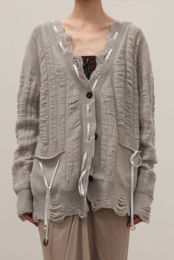 Rui Zhou 25 Autumn/Winter Lace-up Wool Floating Line Long Cardigan RUI-RAW25KN07-Smoke